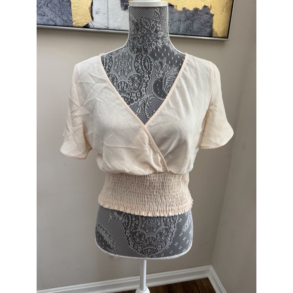 NWT Cream Paper Crane Surplice Neckline Smocked Hem Crop Top Faux Wrap Large NEW